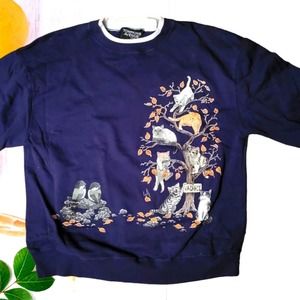 Tompkins Avenue cat/kitty sweatshirt w/birds navy blue size Medium